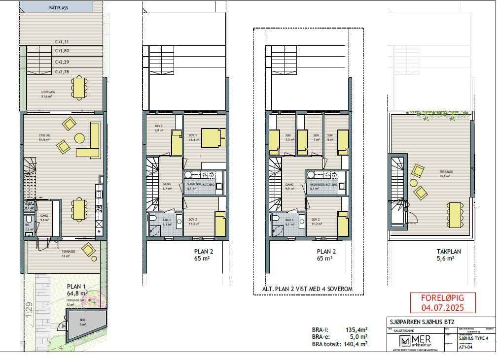 Planløsning Sjøhus med alternativ 3 eller 4 soverom i plan 2: